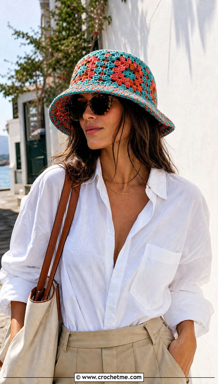 Wide Brim Granny Square Crochet Bucket Hat With Shirt And Shorts - 35 granny square crochet bucket hat outfit ideas