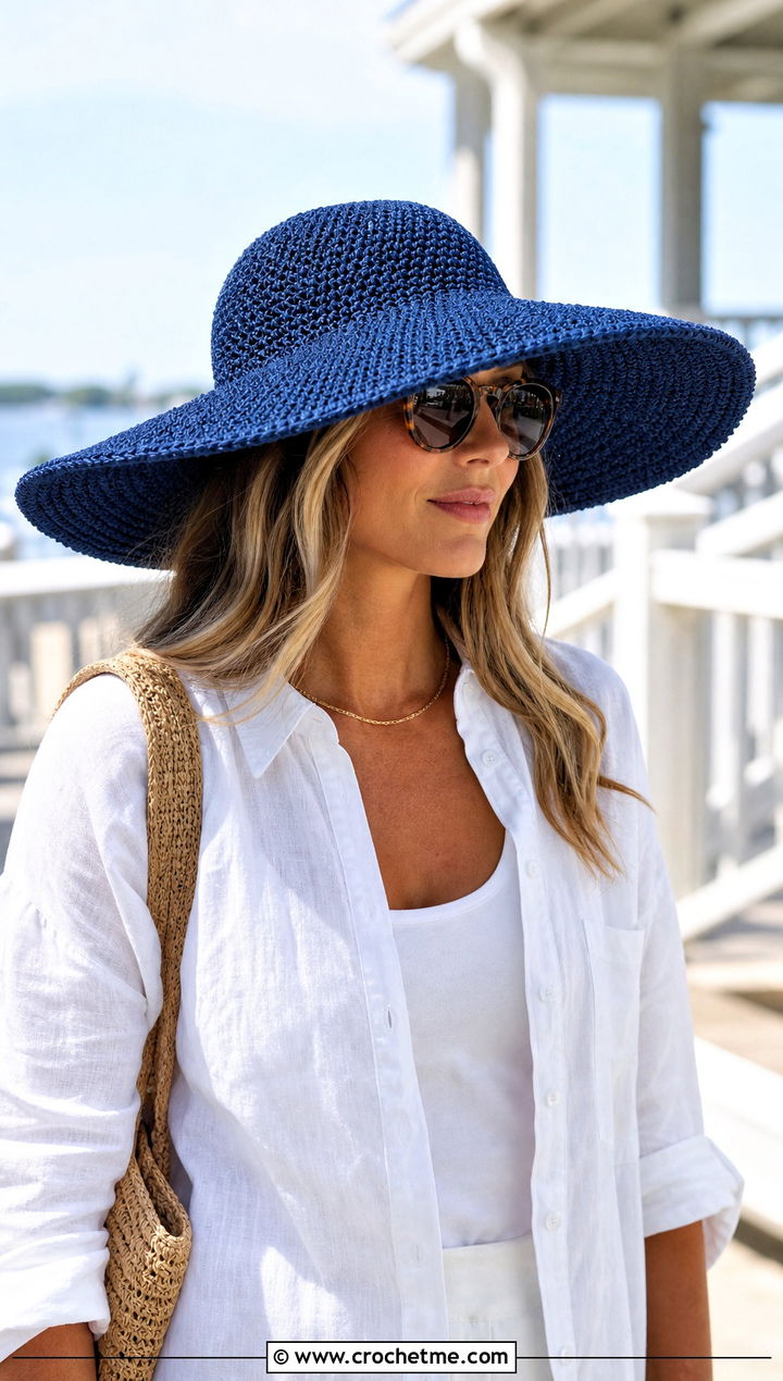 Wide Brim Moss Stitch Sun Hat With Linen Set - 25 Crochet Moss Stitch Hat outfit ideas