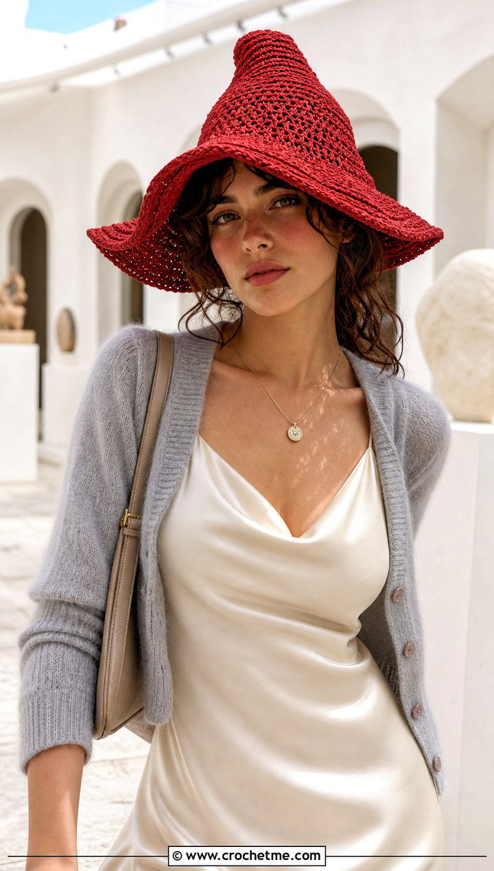Wide Brim Pointed Crochet Hat With Slip Dress and Cardigan - 20 Pointed Crochet Hat outfit ideas