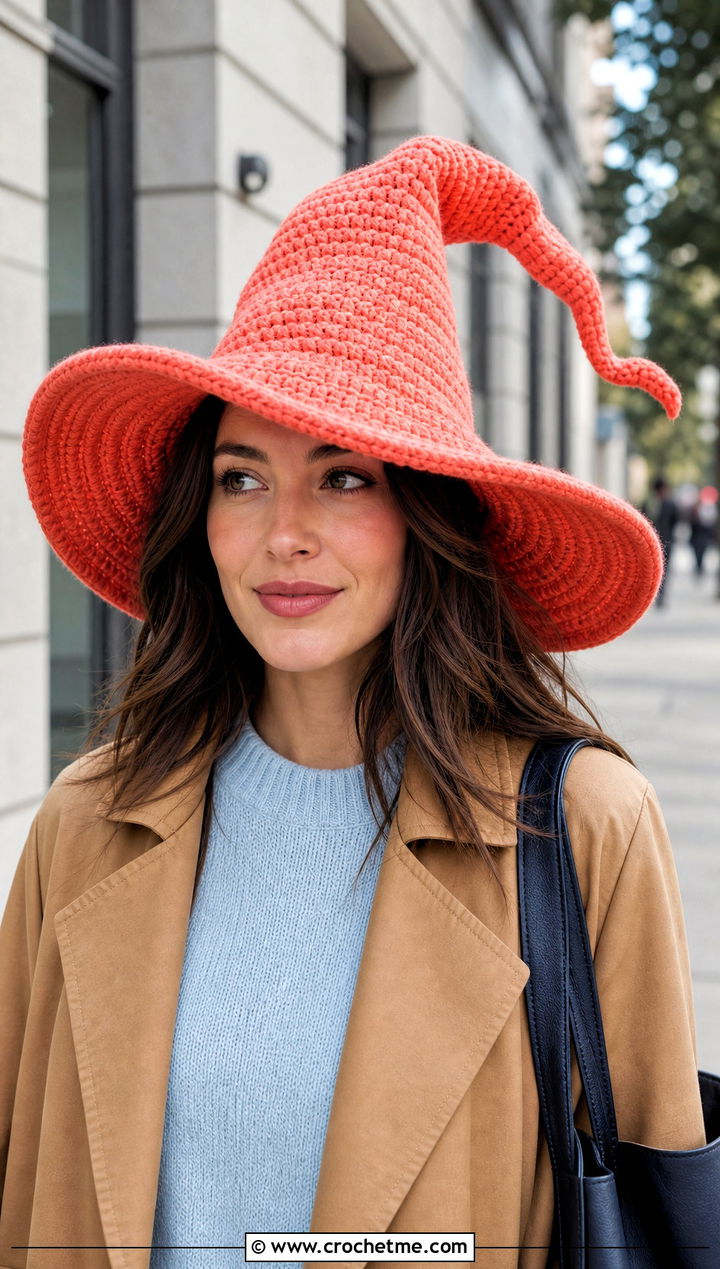 Wide Brim Slouchy Crochet Witch Hat With Trench Coat - 30 slouchy crochet witch hat outfit ideas