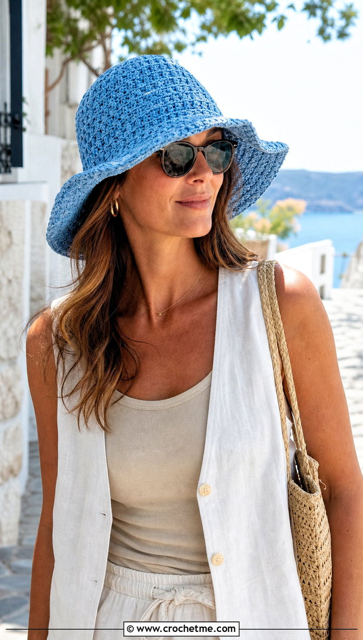 Wide Brim Waffle Crochet Sun Hat With Linen Set - 20 Waffle Crochet Hat outfit ideas