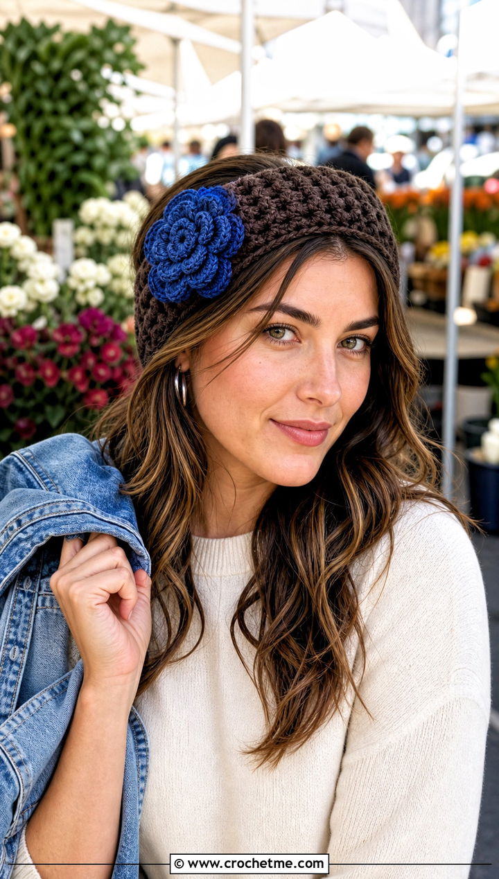 Wide Brown Crochet Flower Headband With Sweater And Jeans - 15 brown crochet headband with flower outfit ideas