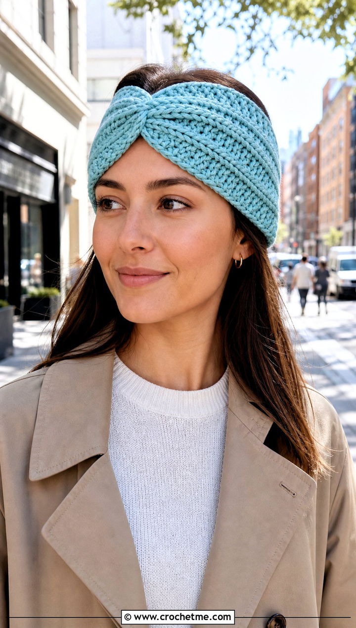 Wide Butterfly Twist Crochet Headband With Trench Coat - 15 crochet butterfly headband outfit ideas
