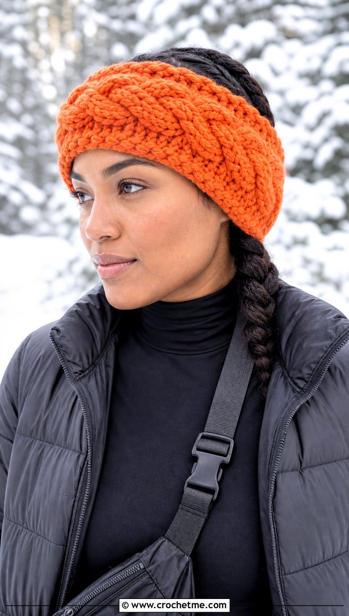 Wide Cable Ear Warmer With Puffer Jacket - 15 cable crochet headband outfit ideas