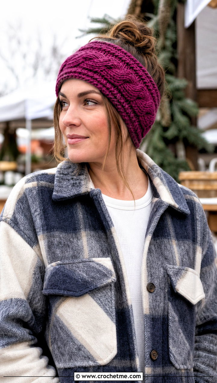Wide Cable Ear Warmer With Shacket - 25 crochet cable headband outfit ideas
