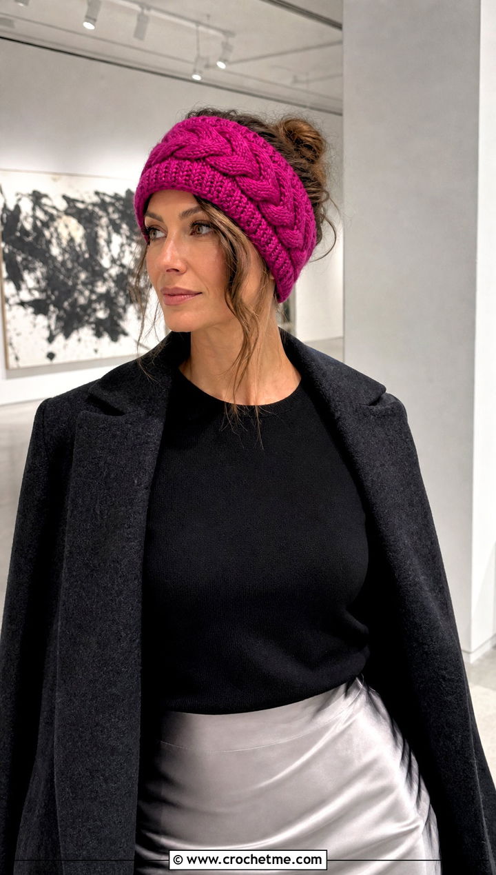 Wide Cable Headband With Satin Skirt and Knit Top - 15 easy crochet cable headband earwarmer outfit ideas