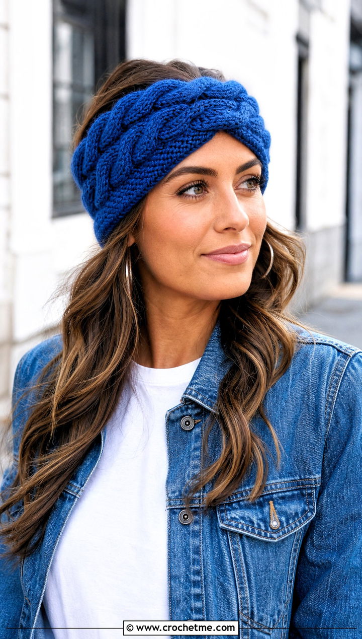Wide Cable Stitch Crochet Headband With Denim Jacket - 15 Cable Stitch Crochet Headband outfit ideas