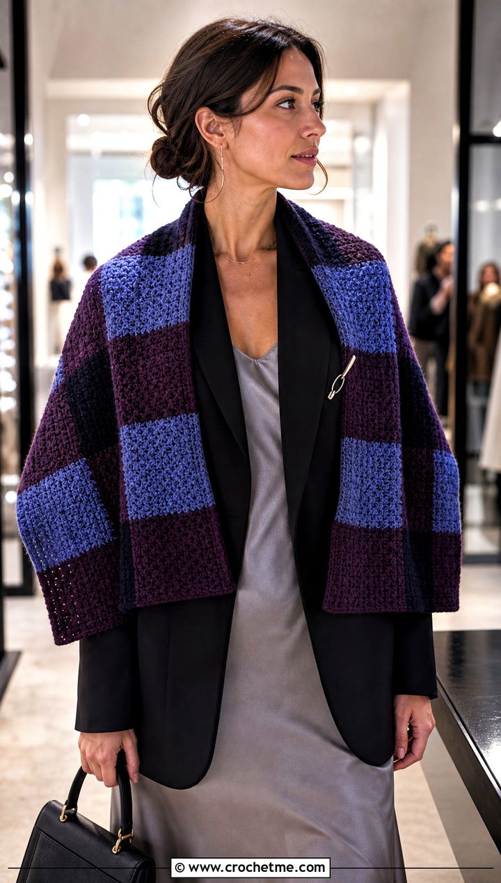 Wide Checkered Crochet Stole With Slip Dress and Blazer - 20 Checkered Crochet Scarf outfit ideas