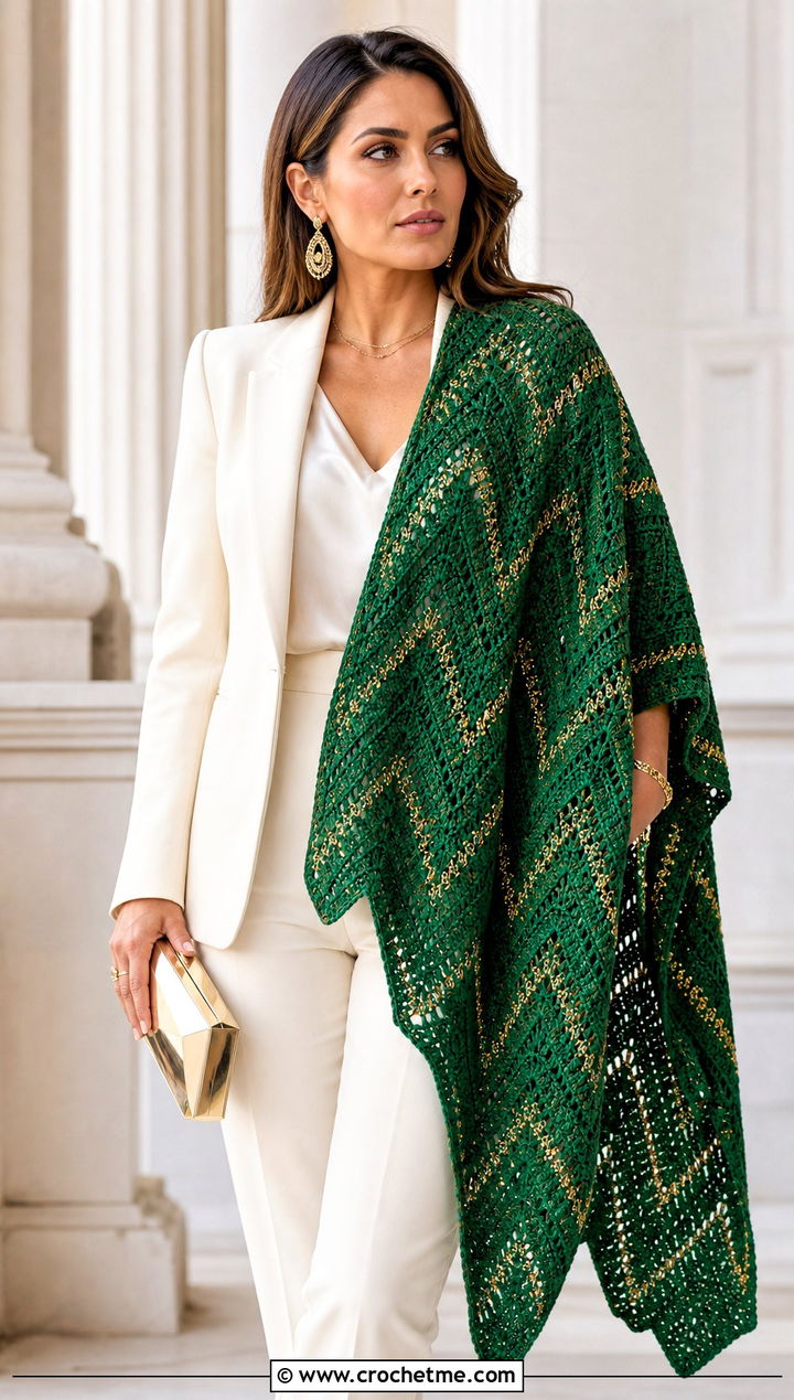 Wide Chevron Crochet Stole With Pantsuit - 25 Zig Zag Crochet Scarf outfit ideas