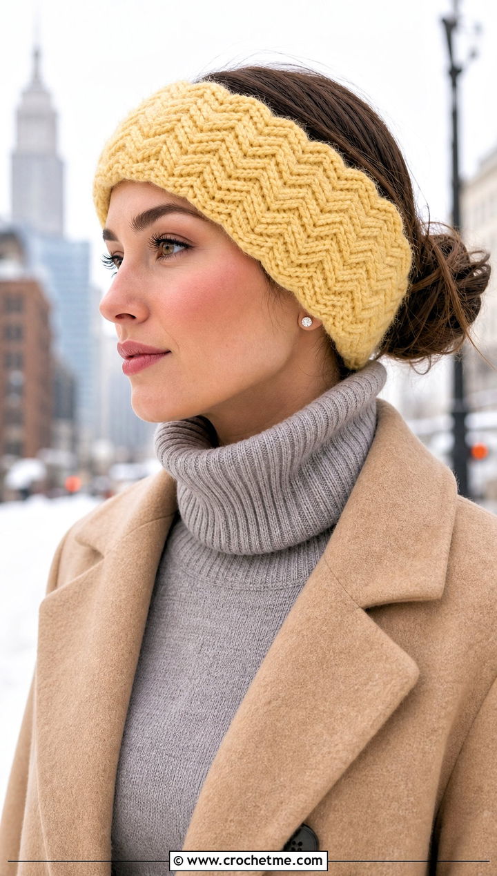 Wide Chevron Ear Warmer With Wool Coat And Boots - 15 Crochet Chevron Headband outfit ideas