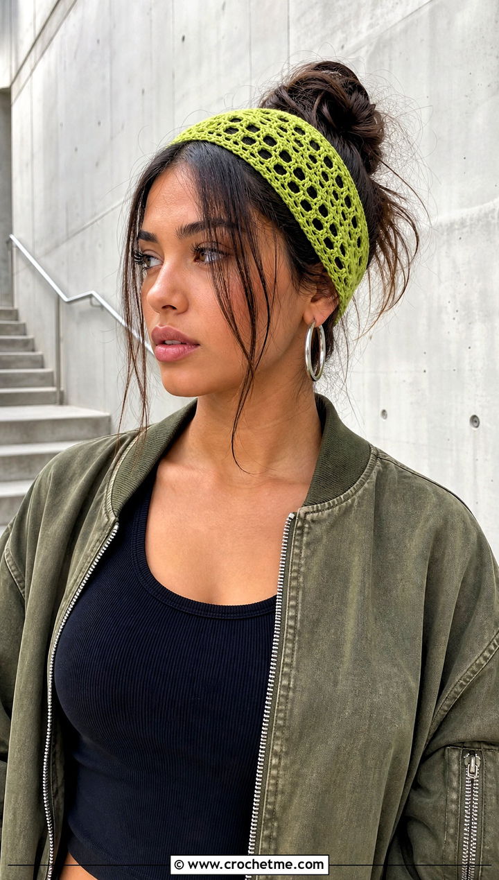 Wide Crochet Bandana Headband With Cargo Pants - 15 knit or crochet headbands outfit ideas