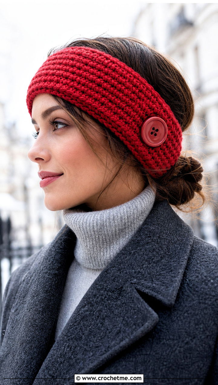 Wide Crochet Button Ear Warmer With Tailored Coat - 15 Crochet Button Headband outfit ideas