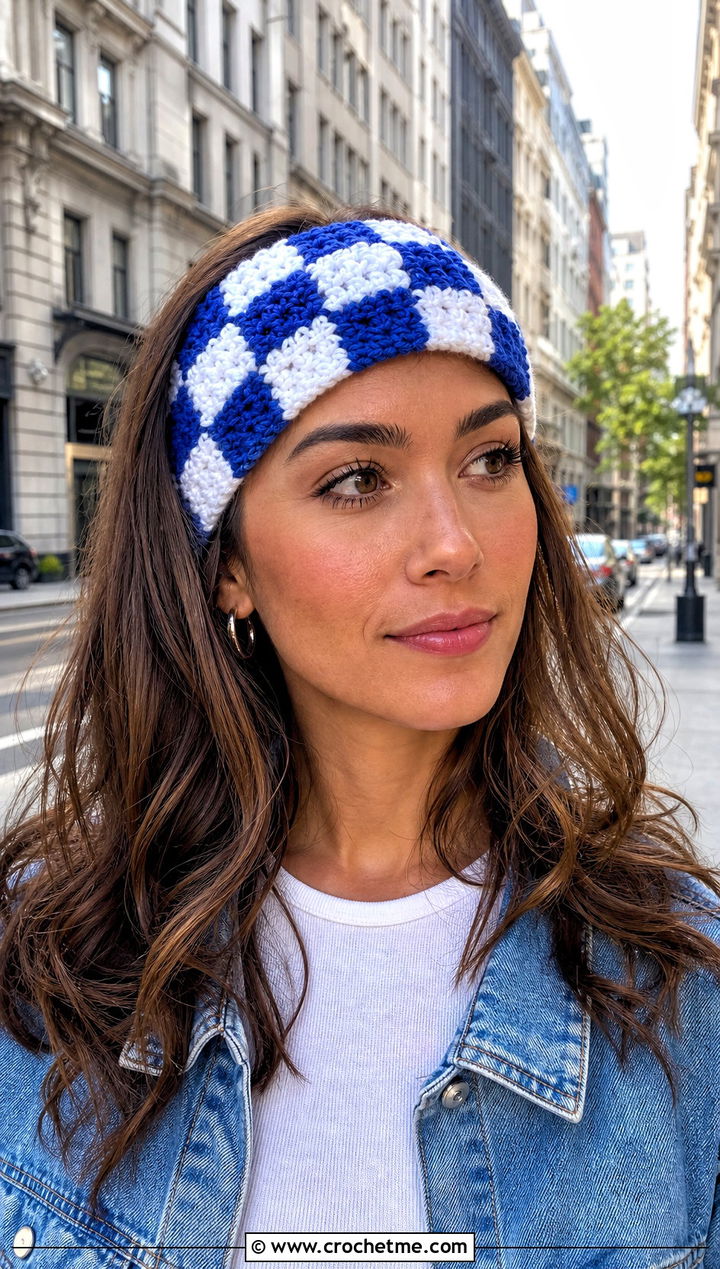 Wide Crochet Checkered Headband With White T Shirt And Jeans - 25 crochet checkered headband outfit ideas