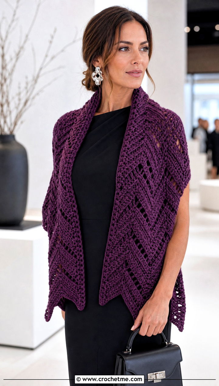 Wide Crochet Chevron Scarf With Minimalist Dress - 20 Crochet Zig Zag Scarf outfit ideas