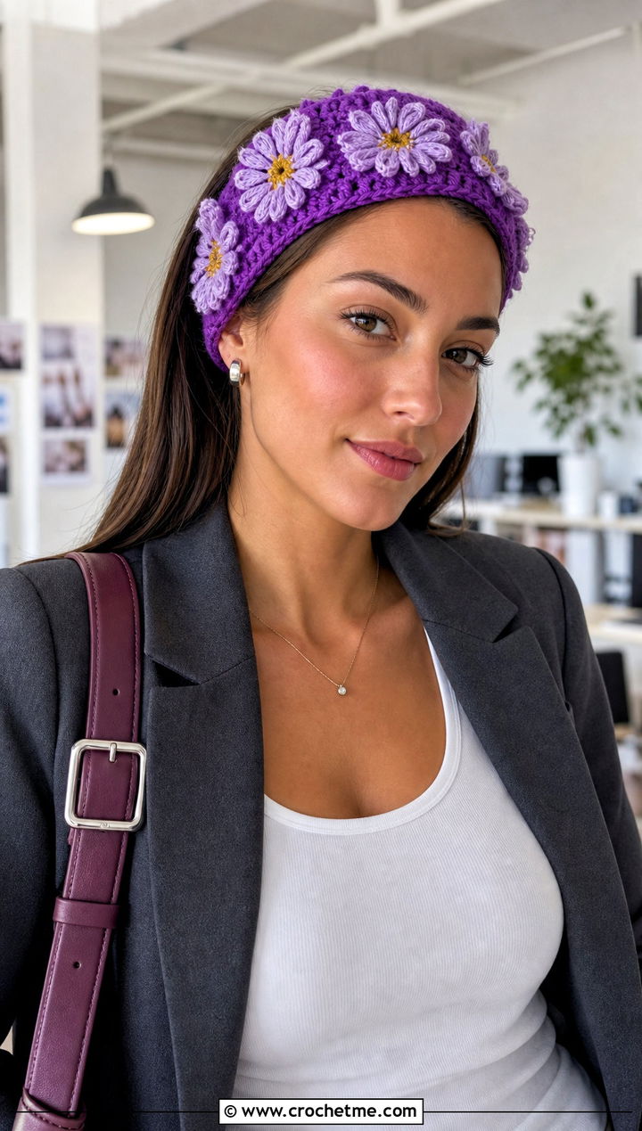 Wide Crochet Daisy Headband With Tailored Blazer - 25 Crochet Daisy Headband outfit ideas