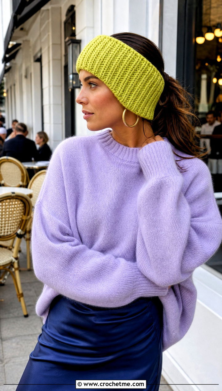 Wide Crochet Ear Warmer With Oversized Sweater and Midi Skirt - 25 Simple Crochet Ear Warmer outfit ideas