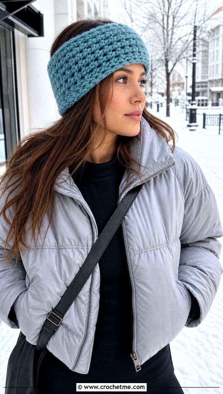 Wide Crochet Ear Warmer With Puffer Coat - 30 crochet headband for women outfit ideas