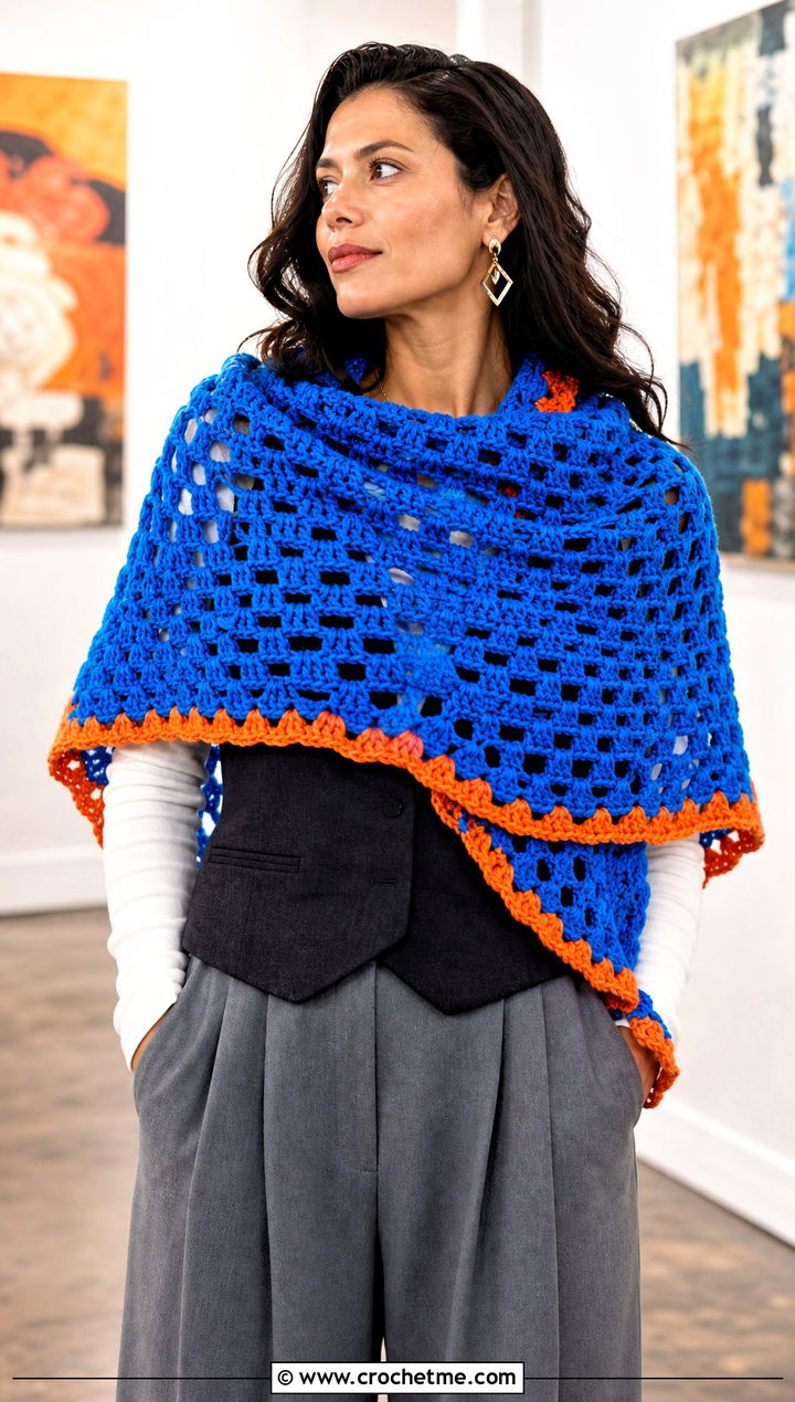 Wide Crochet Granny Stitch Wrap Scarf With Tailored Vest - 30 crochet granny stitch scarf outfit ideas