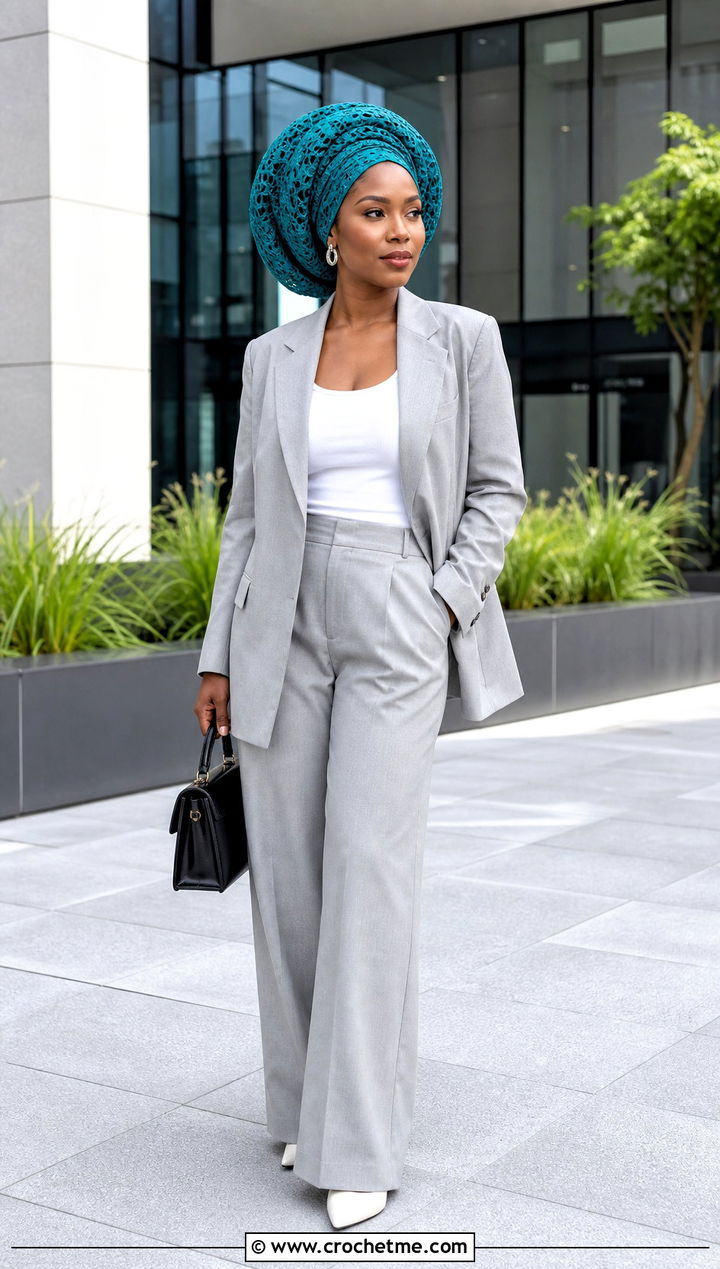 Wide Crochet Head Wrap With Blazer And Trousers - 35 crochet hair wrap outfit ideas