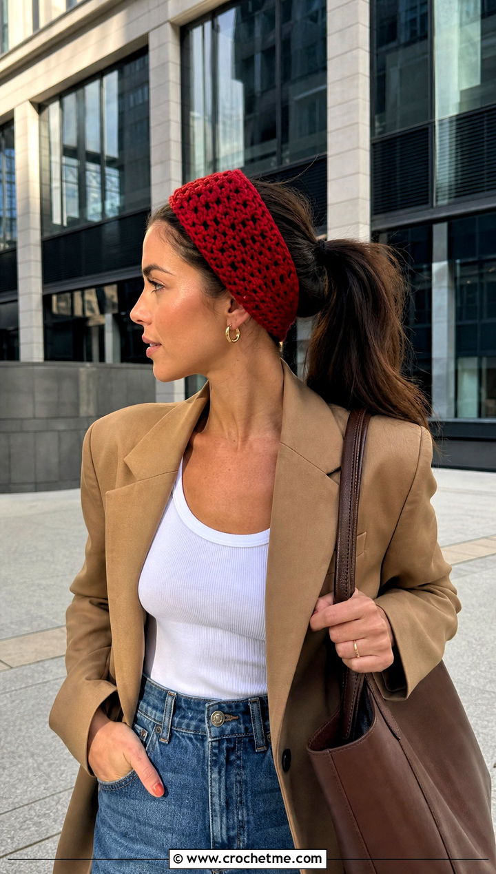 Wide Crochet Headband With Blazer And Wide Leg Jeans - 30 quick crochet headband outfit ideas