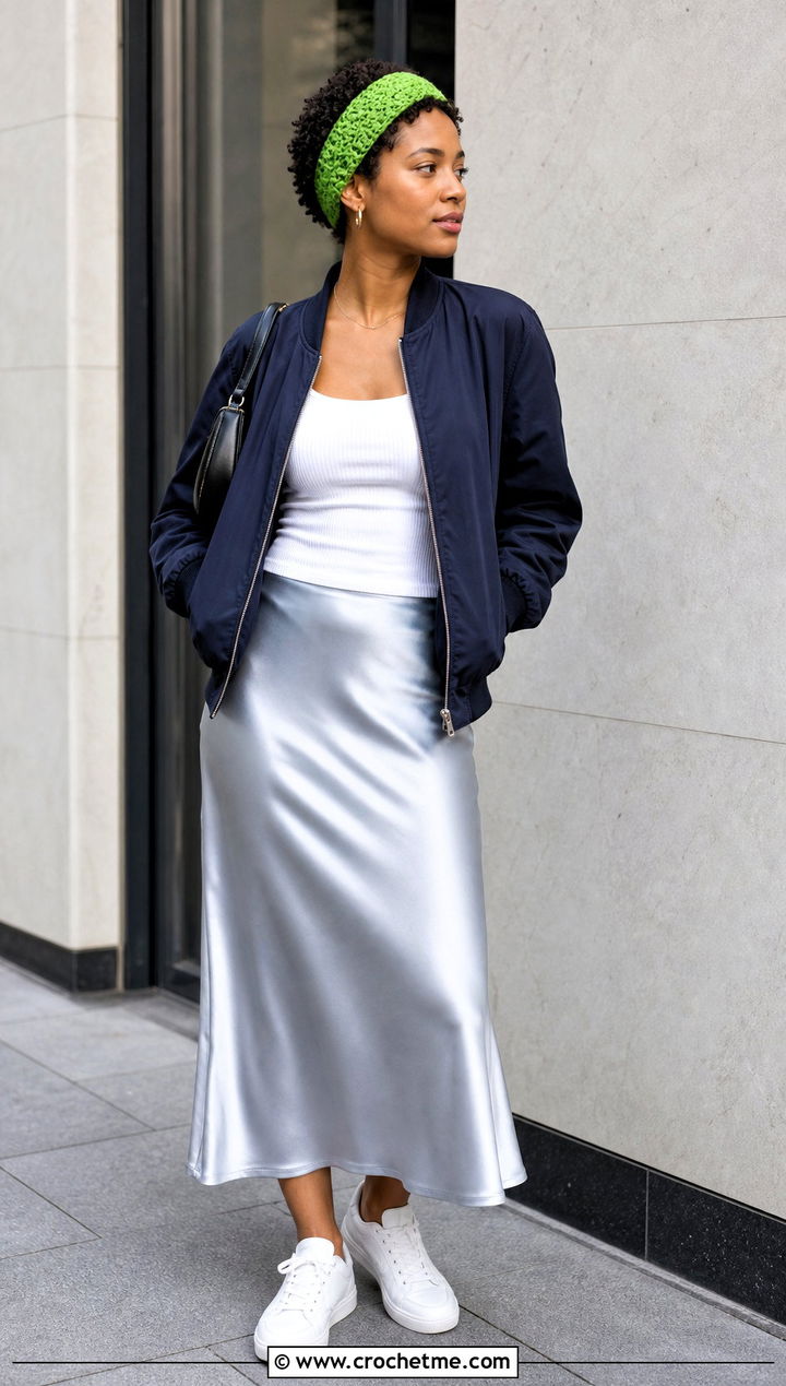 Wide Crochet Headband With Bomber Jacket And Midi Skirt - 35 crochet headwrap outfit ideas