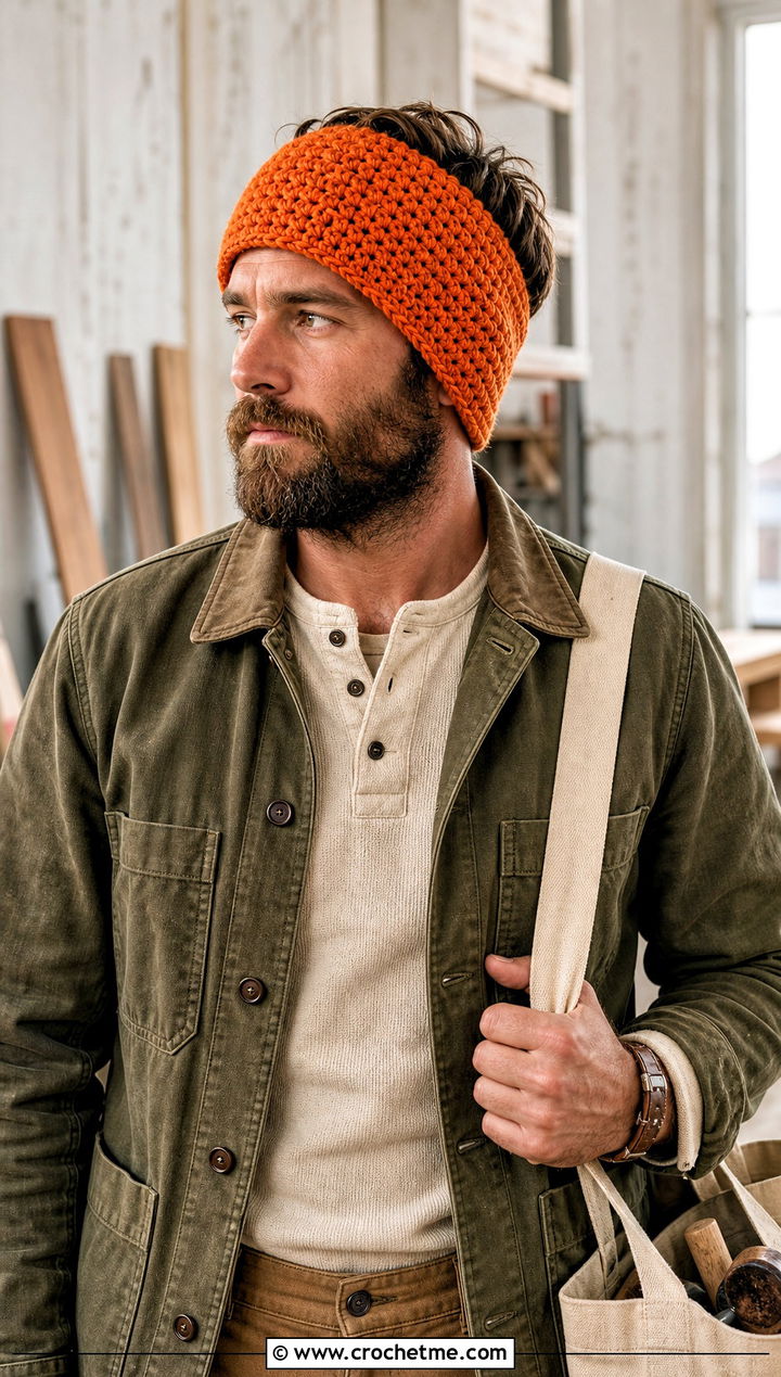 Wide Crochet Headband With Chore Coat - 25 men's crochet headband outfit ideas