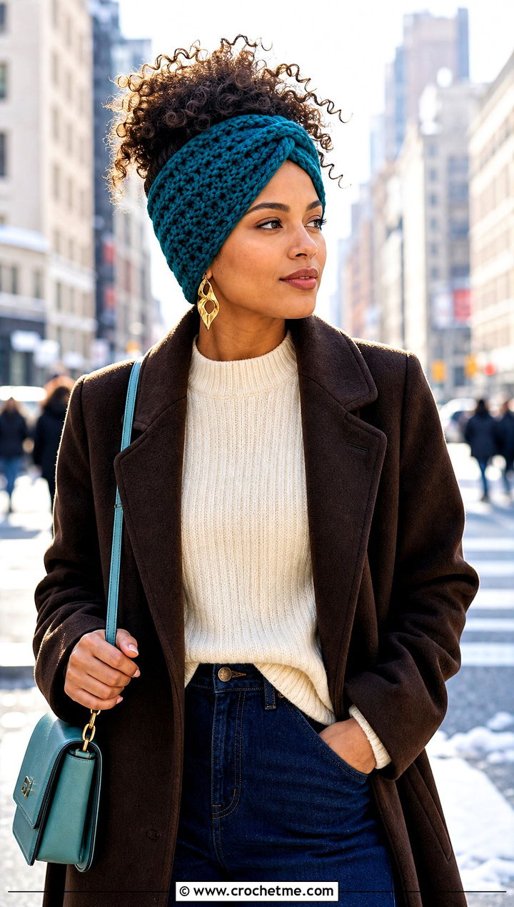 Wide Crochet Headwrap Ear Warmer With Long Coat - 15 Quick And Easy Crochet Ear Warmers outfit ideas