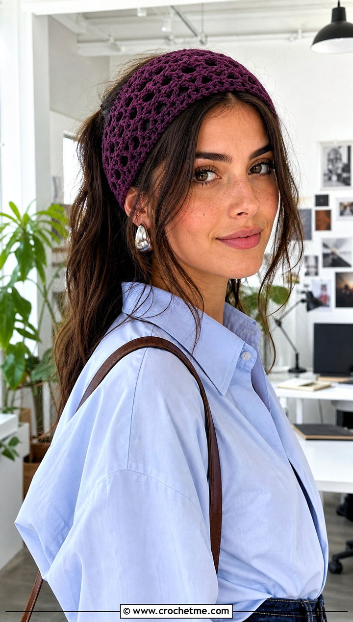 Wide Crochet Lace Headband With Button Down Shirt - 30 crochet lace headband outfit ideas