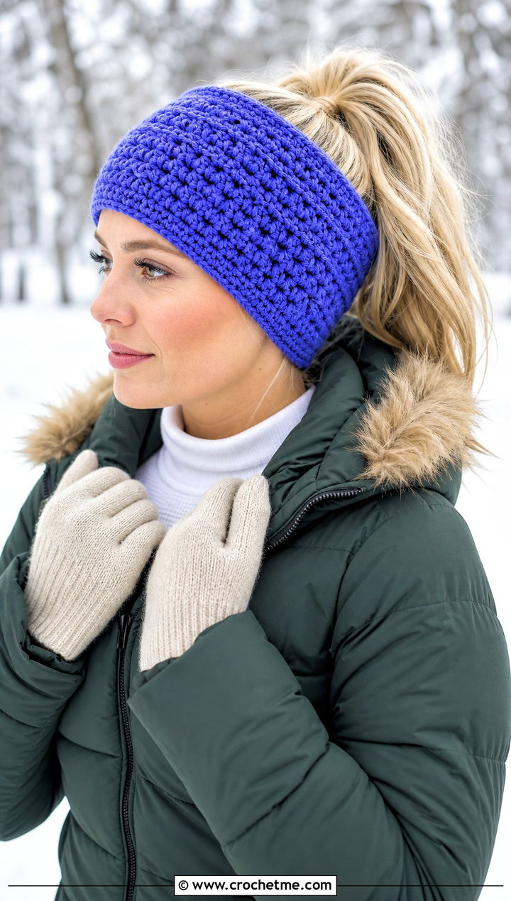 Wide Crochet Ponytail Ear Warmer With Parka - 25 crochet headband with ponytail hole outfit ideas
