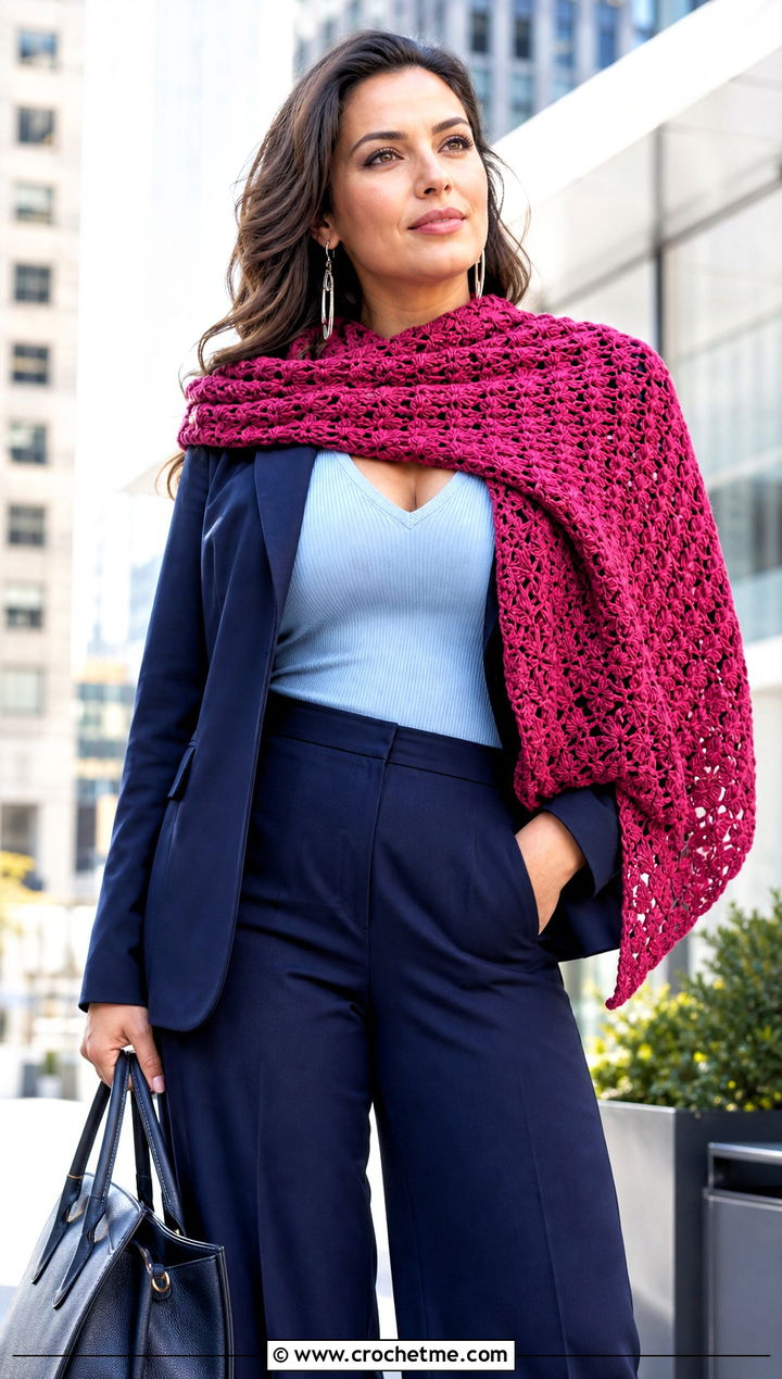Wide Crochet Star Stitch Wrap Scarf With Curvy Tailoring - 25 Crochet Star Stitch Scarf outfit ideas