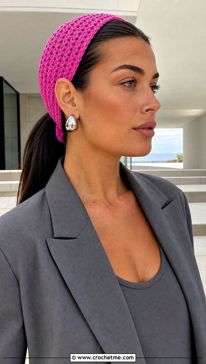 Wide Crochet Tie Headband With Monochrome Suit - 35 crochet tie headband outfit ideas