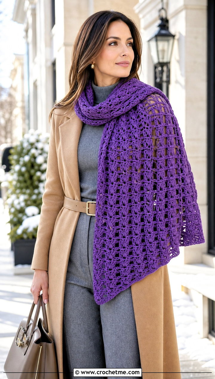 Wide Crochet V Stitch Scarf With Belted Coat - 30 crochet v stitch scarf outfit ideas