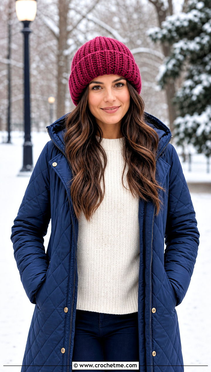 Wide Cuff Chunky Ribbed Crochet Hat With Quilted Coat - 25 Chunky Ribbed Crochet Hat outfit ideas