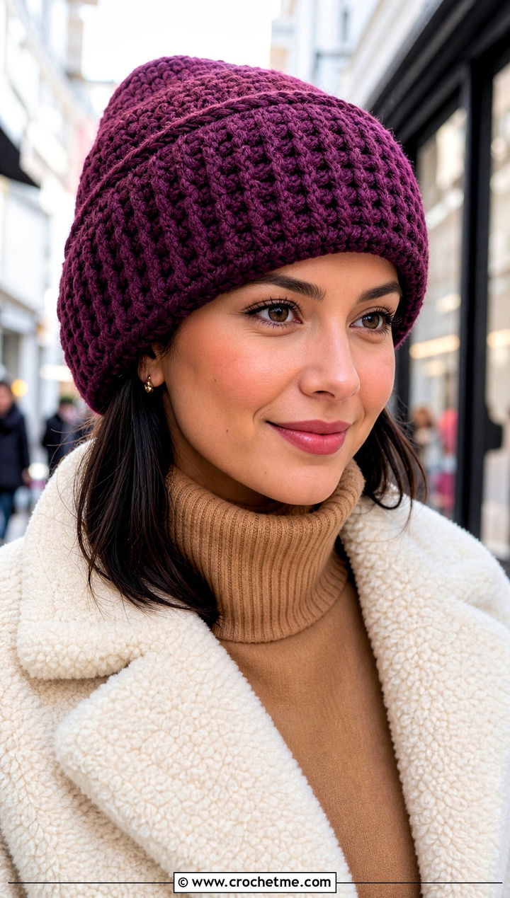 Wide Cuff HDC Crochet Beanie With Teddy Coat And Corduroy Pants - 20 hdc crochet beanie outfit ideas