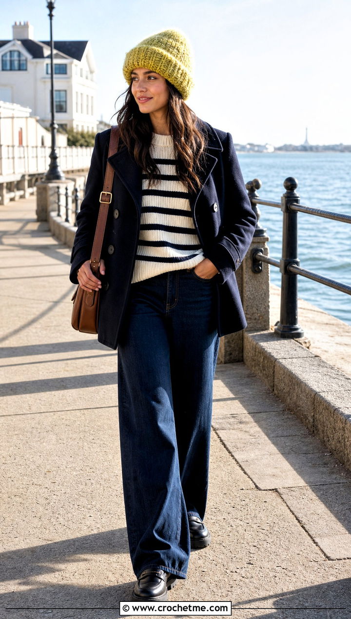 Wide Cuff Mohair Crochet Beanie With Peacoat And Wide Leg Jeans - 35 mohair crochet beanie outfit ideas