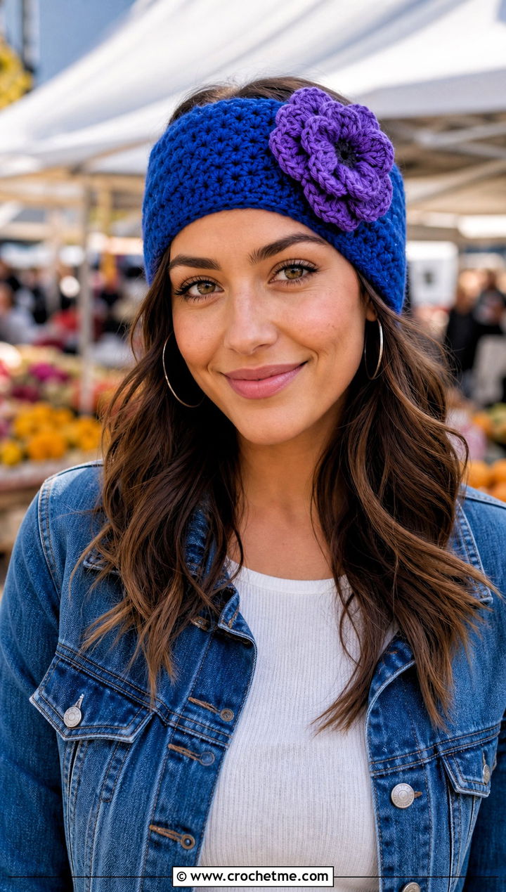 Wide Ear Warmer Crochet Headband With Denim Jacket Outfit - 15 crochet headband with purple flower outfit ideas