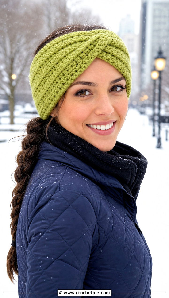 Wide Ear Warmer Crochet Twist Headband With Puffer Coat - 30 crochet twist headband outfit ideas