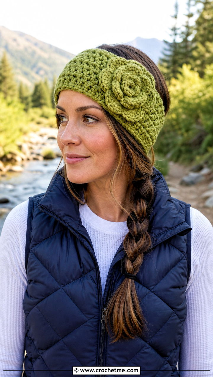 Wide Ear Warmer Flower Crochet Headband With Puffer Vest - 15 crochet headband with flower design outfit ideas