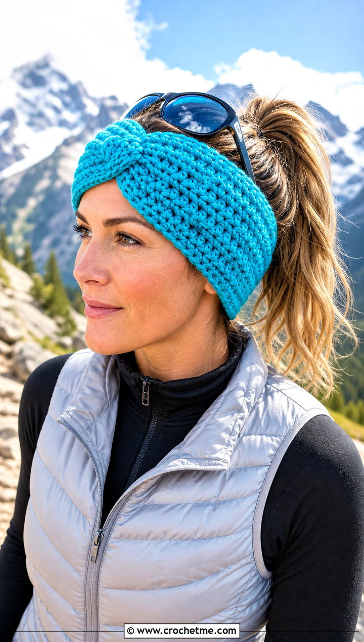 Wide Ear Warmer Twisted Knot Crochet Headband With Puffer Vest - 15 Twisted Knot Crochet Headband outfit ideas