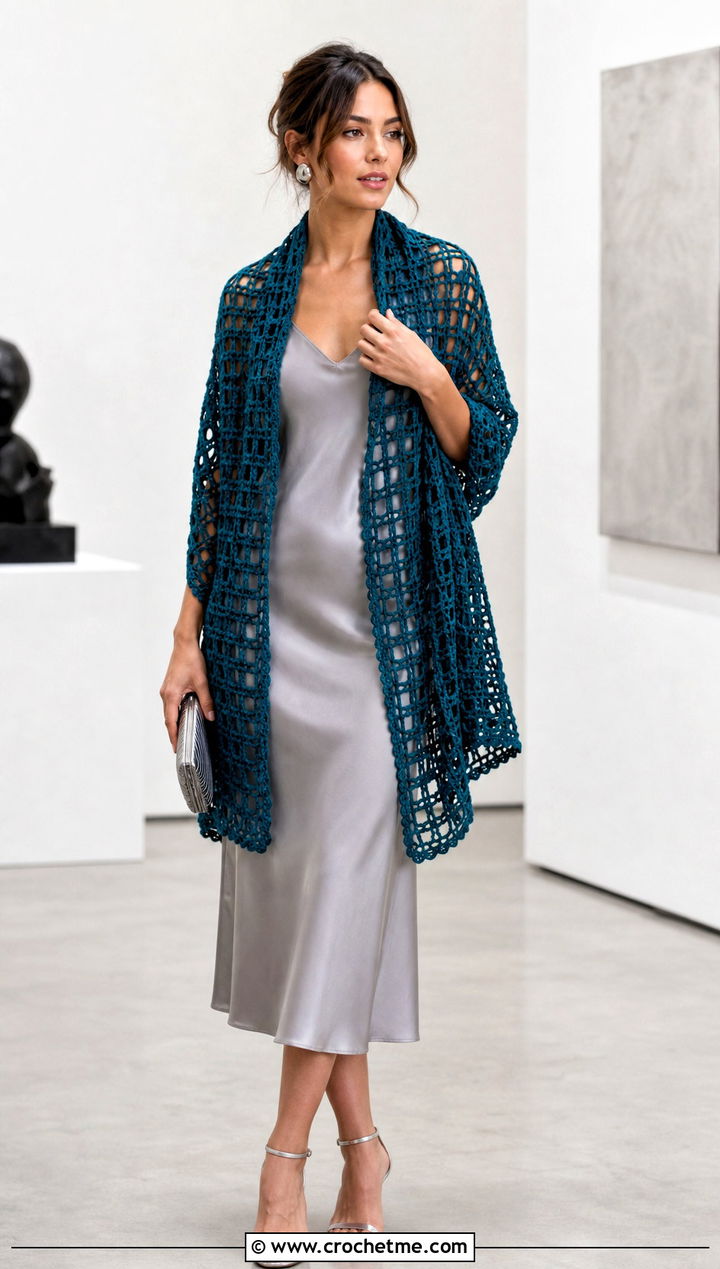 Wide Filet Crochet Wrap Scarf With A Satin Slip Dress - 35 filet crochet scarf outfit ideas