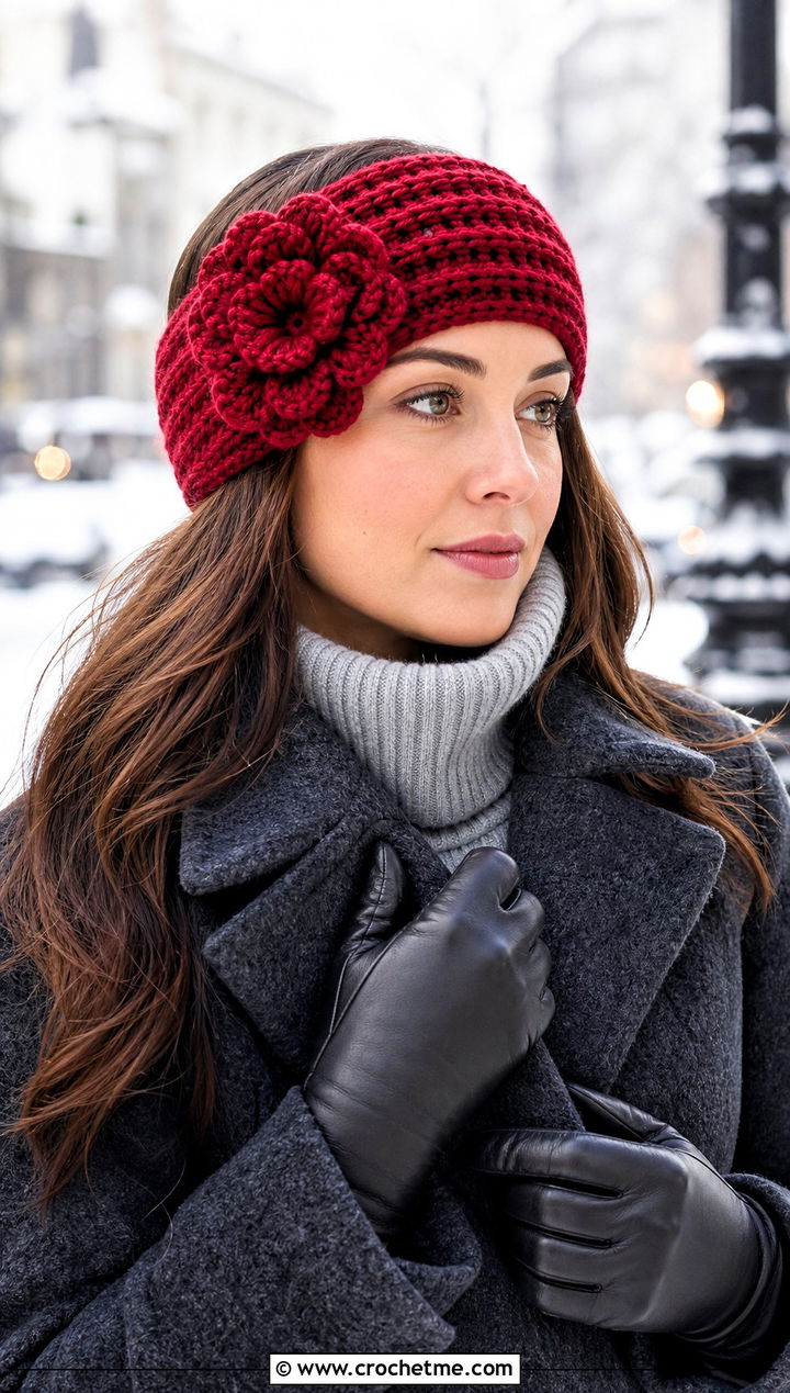 Wide Flower Ear Warmer Crochet Headband With Wool Coat - 15 crochet headband with flower decoration outfit ideas