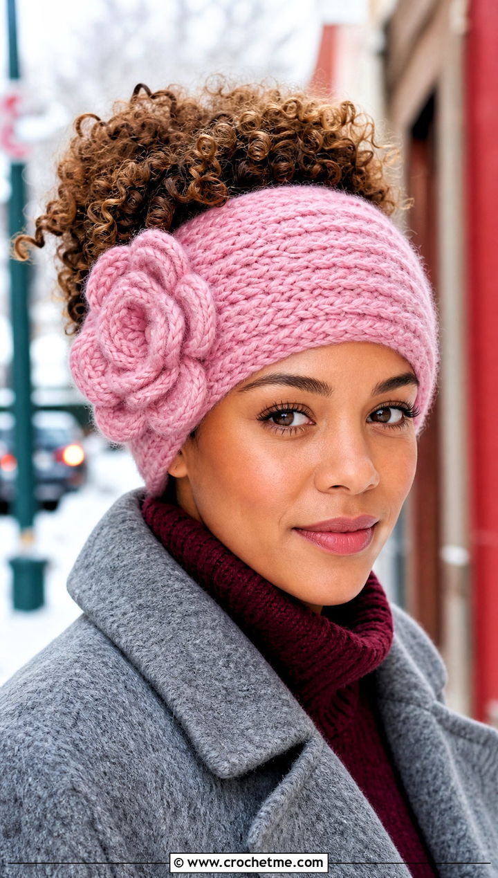 Wide Flower Ear Warmer Headband Set With Wool Coat - 15 crochet flower and headband set outfit ideas