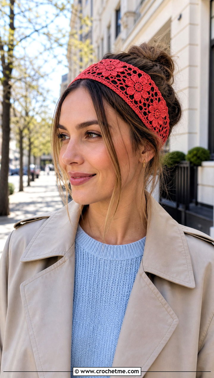 Wide Flower Lace Crochet Headband With Trench Coat - 15 crochet flower headband on lace background outfit ideas