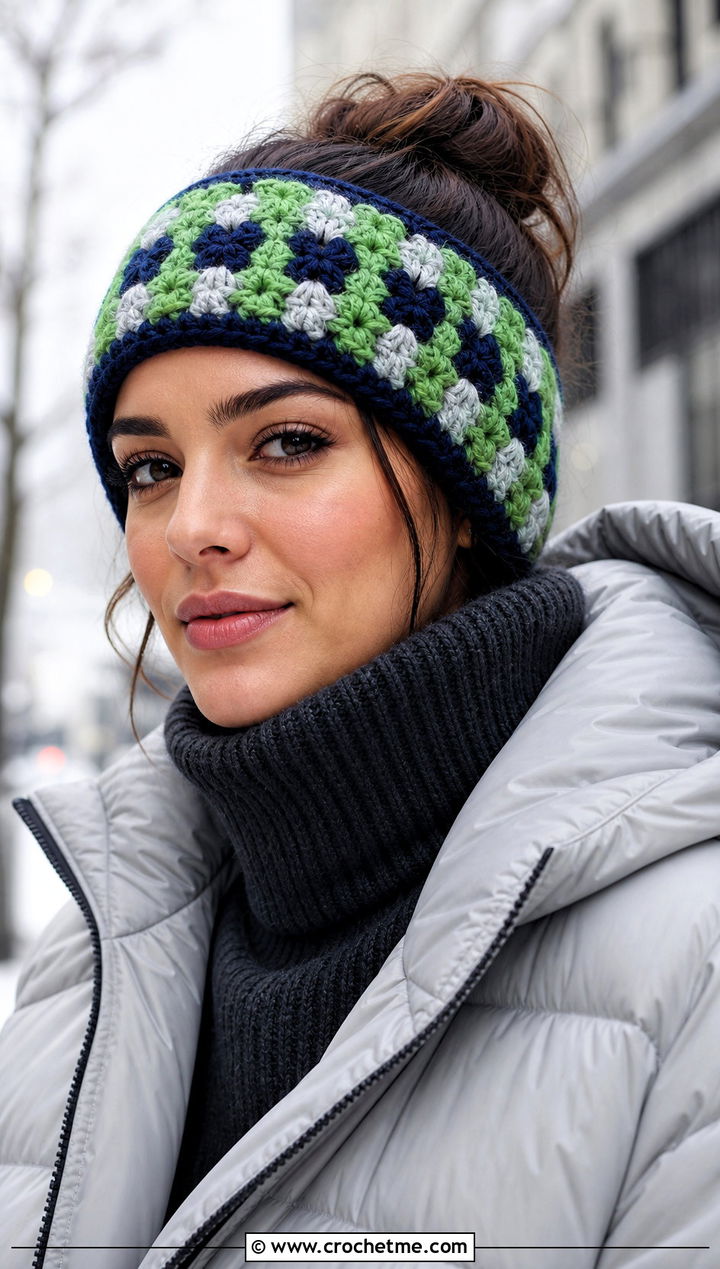 Wide Granny Square Ear Warmer With Puffer Jacket - 15 Crochet Granny Square Headband outfit ideas