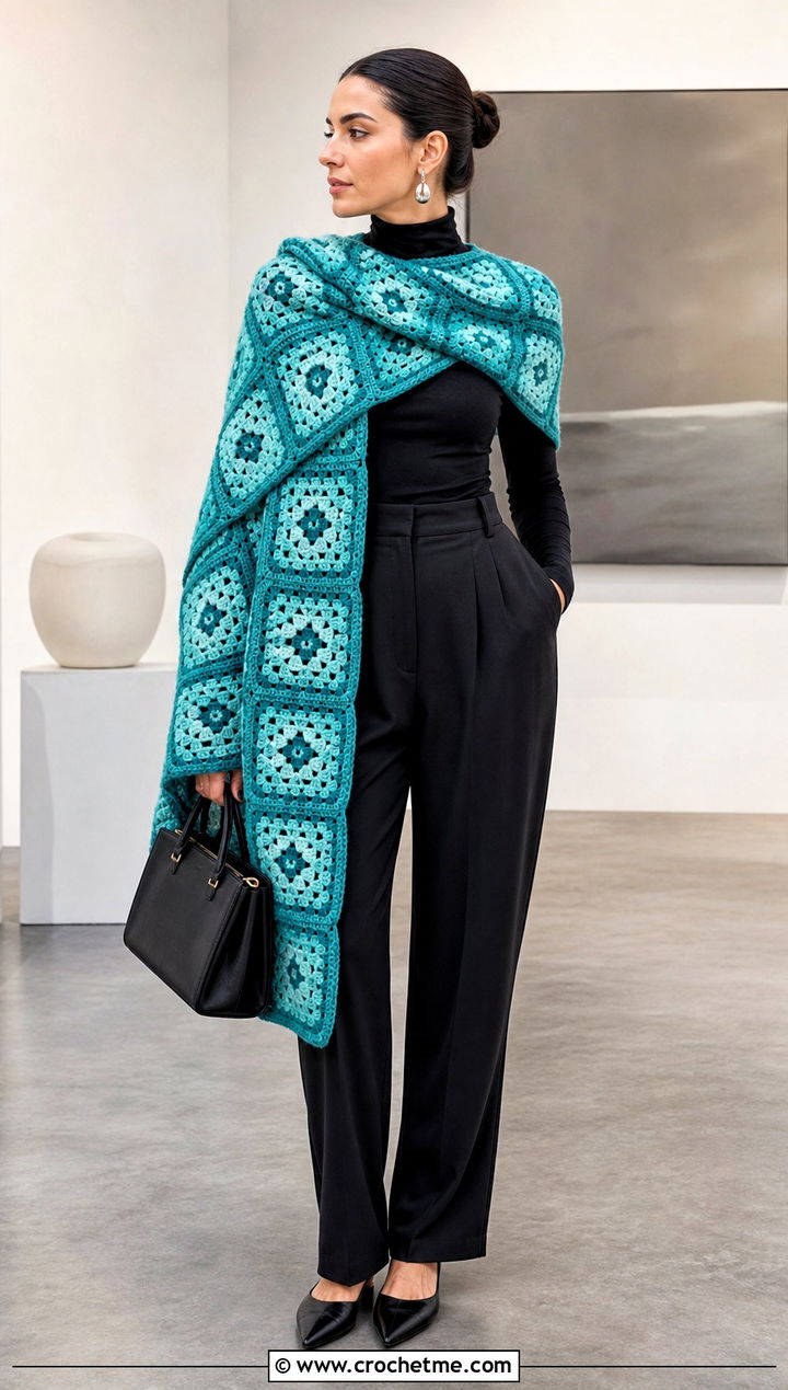 Wide Granny Square Wrap Scarf With Black Turtleneck And Trousers - 35 granny square crochet scarf outfit ideas