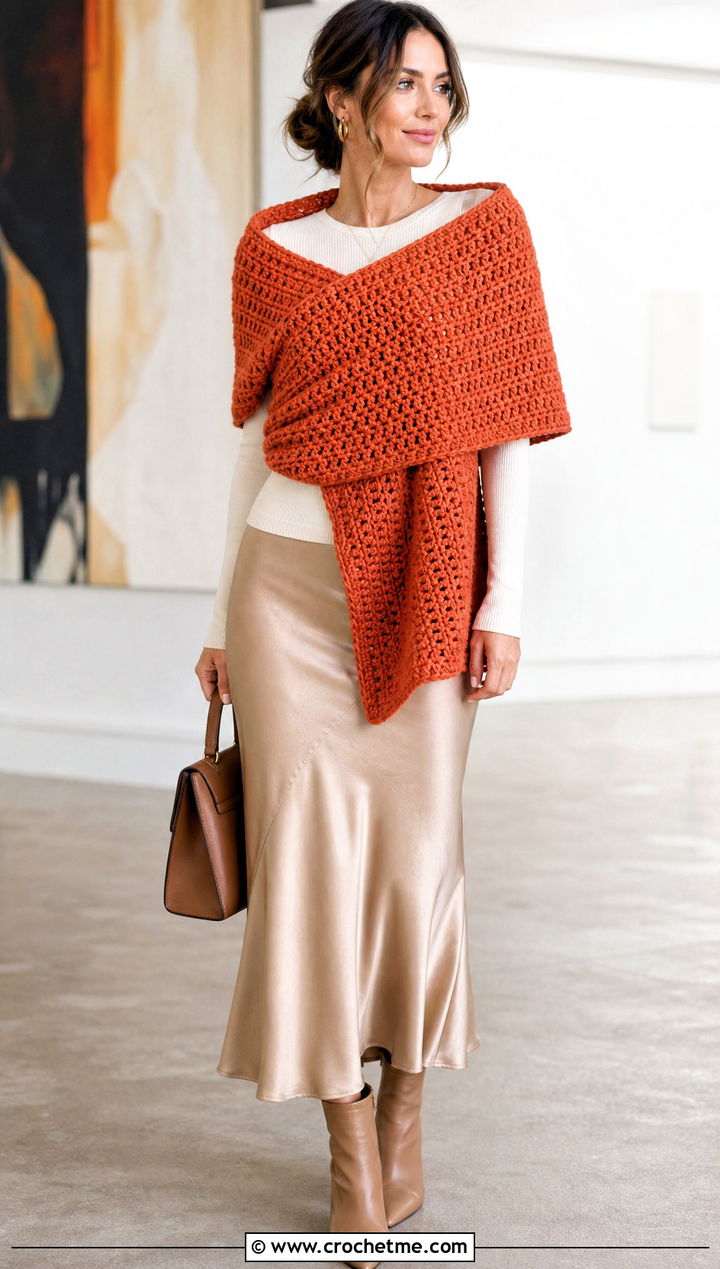 Wide HDC Crochet Wrap Scarf With Satin Skirt - 20 Hdc Crochet Scarf outfit ideas