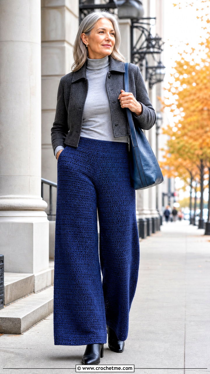 Wide Leg Crochet Baggy Pants With Fitted Turtleneck - 35 crochet baggy pants outfit ideas