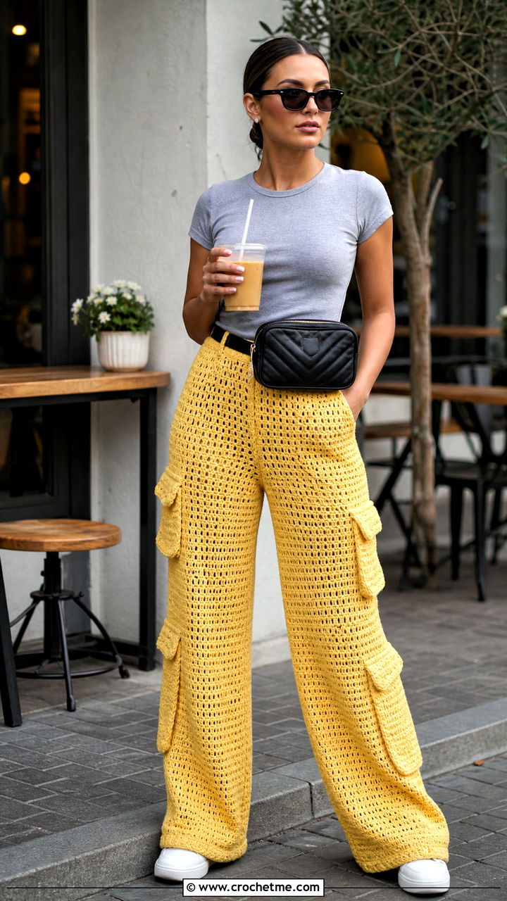 Wide Leg Crochet Cargo Pants With Fitted T Shirt - 35 crochet cargo pants outfit ideas