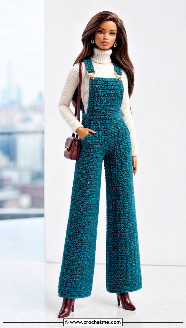 Wide Leg Crochet Doll Overalls With Ribbed Turtleneck - 30 crochet doll overalls outfit ideas