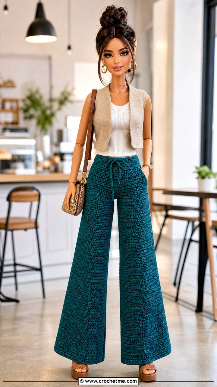 Wide Leg Crochet Doll Pants With Fitted Tank Top - 35 crochet doll pants outfit ideas